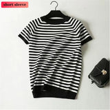 Sleeve Knit Pullover Tops Women Spring Summer Stripe Tshirts Korean White Black Knitwear Jumper Tee New