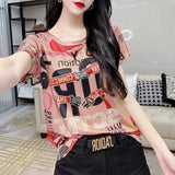 Women's Clothing Casual Round Neck Pullovers Fashion Character Printed 2023 Summer Short Sleeve Commute Slim Patchwork T-shirt-Outfit