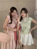 Wind Pink Bow Short-Sleeved Sweater Summer Design Wrinkled Slim Small Flying Sleeve Chic Blouse-Outfit