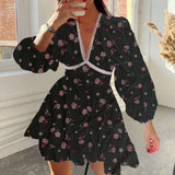 Fongt Women's Temperament Sweet Broken Flower High Waist Repair V Collar Short Long Sleeve Dress