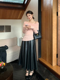Fongt Xixi 2025 Autumn New Temperament Commute High-Waisted Half-Body Skirt PU Folding A-Skin Skirt 85018