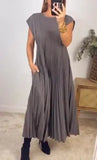 Fongt New Fall 2023 Solid Color Round Collar Sleeveless Pleated Design Loose Dress-Outfit