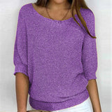 Fongt New Solid Color Round Knit Shirt Women Commuting Elegant Seven-Sleeve Top Air-Conditioning Shirt