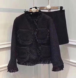 High Quality Women 2 Piece Set Autumn Winter Red Tweed Tassel Single Breasted Jacket Coat + Fringe A Line Skirt