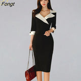 Han Queen Women New Notched Neck Black Sheath Pencil Dress Fashion Slim Sexy OL Work Bodycon Dresses Office Business