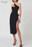 Elegant Neon Sexy Y2K Outfits Inclined Shoulder Sleeveless Backless Side Slit Bodycon Midi Dresses For Women Club