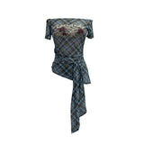 Fongt Y2k Single-Layer Mesh Yarn Printed Short-Sleeved T-Shirt Design With A Word Strap To The Shoulder 1237
