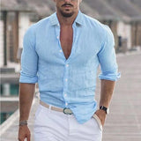 Fongt New Men's Summer Cotton-Blind Beach Shirt Long Sleeves Solid Hawaiian Holiday