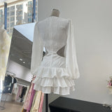 Southeast Asian Trendy Niche Sexy Deep V Folded Long Sleeves Leaking Waist Cake Skirts Solid Dress