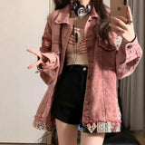 Fongt Spliced Denim Jacket Girl Spring And Autumn Loose Design Sense Small Casual Pink Workwear Top