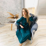 Solid Satin Casual Loose Dress O Neck Lantern Sleeve Sashes High Waist Elegant Mid Dress 2021 Spring New Women Party