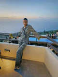 Fongt New Fashion Printing Set Loose Long Sleeve V Straight Trousers