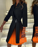 Style Women's V Neck Fashion Strap Waist Sleeve Pressure Pleated Dress-Outfit