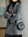 for Women 2023 Double Breasted Pocket Elegant Long Coat Wool & Blends Fashion V-Neck Office Lady Grey Heavy