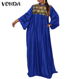 Women Kaftan Dress 2022 VONDA Vintage Long Sleeve Embroidery Mesh Dress Autumn Robes Longues Oversized Robe