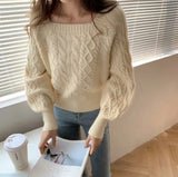 Fongt Gentle Wind Sweet Lantern Sleeve Soft Waxy Wind Sweater Retro Square Neck Knit Top Woman-Outfit