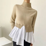 New 2021 Women Autumn Winter Sweaters Knitted Turtleneck Patchwork Irregular Vintage Wild Pullovers Short Tops