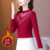 Fongt Photo # Autumn / Winter Long Sleeve And Velvet Top Women's High-End T-Shirt With A Versatile Lace Bottom Shirt-Outfit