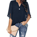 Short Sleeve Elegant Casual Pullover Solid Color V-neck Chiffon