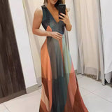 Fongt Temperament Commuter V Collar Sling Sleeveless Color Color Print Long Waist