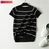 Sleeve Knit Pullover Tops Women Spring Summer Stripe Tshirts Korean White Black Knitwear Jumper Tee New