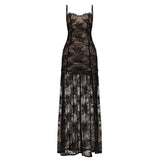 Fongt Sexy Lace Splicing Chest-Shaped Folding Sling Dress With Hottie Open Fork Mesh Dress