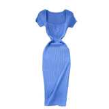 Fongt Thin Collar Knitted Dress Short Sleeve 2025 Summer New Temperament Sexy Hot Ass Long Skirt