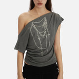 Fongt New Slanted Shoulder Pure Hottie Gray T-Shirt Girl Loose Heavy Metal Decorative Top