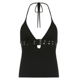 Fongt Design Sense Japanese Character Hanging Neck Sexy Solid Color Vest Babes Machine Wind Hollow Thin Top