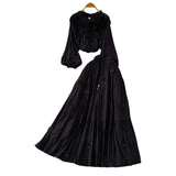 Fongt Style Pink Three-Dimensional Flower Collar Lantern Sleeve Shirt Lady Autumn High-Rise Dress Set