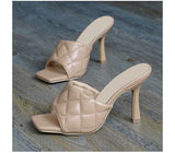 NEW Sexy PU Diamond Square Head Peep Toe High Heel Sandals Summer Fashion Slip On Thin Heels Slides Women Mules