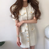 Fongt Chic French Temperament Round Collar Chic Metal Button Slim Slim Short Sleeve Wrapped Hip Tweed Dress Woman-Outfit