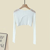 Women Summer Two Pieces Set Korean Knitted Hollow Out Irregular Sunscreen Top And Ruffles Patchwork Chiffon Dress