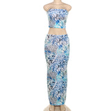 Summer Personalized Slim Tube Top Printed Vest Sexy Hip-packing Skirt Two-piece Set Elegant Sexy Party Dress Club Clothing-Outfit