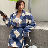 Winter Plaid Vintage Tweed Two Piece Set Korea Women Single-Breasted Woolen Short Jacket Coat + Mini Skirt 2 Piece