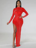 Beautiful High Slit Crystal Long Maxi Dress Gown Sparkle Womens Mock Neck Sheer Mesh Diamonds Party Dresses