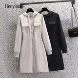 Women Autumn Hoodies Long Sleeve Zipper Dresses Sportswear Pockets Solid Vestidos Korean Casual Dresses