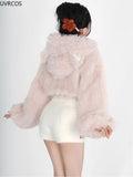 Kawaii Hoodies Womencute Pink Cat Embroideery Plush Cropped Ears Hoodie Korean Style Sweatshirt Y2k Short Pullover Tops-Outfit