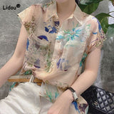 Printed Elegant Turn-down Collar Shirt Female Korean Casual Pockets Spliced Short Sleeve Blouse Summer Women's