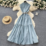 Fongt Ripe Wind Niche High-Grade Buckle Collar Sleeveless Roll-Lens Denim Dress Women's Summer Long Dress