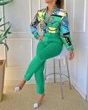 Women's Elegant Two Piece Pants Sets Printed Long Sleeve Shirts and Pants with Belt Fashion Women 2pcs Suits Office