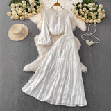 Fongt Style Pink Three-Dimensional Flower Collar Lantern Sleeve Shirt Lady Autumn High-Rise Dress Set