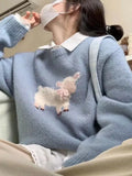 Fongt Goat Round-Neck Blue Sweater Women's Autumn And Winter New Three-Dimensional Bow Short Soft Glutinous Knitted Shirt Top