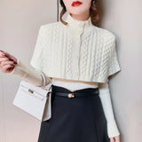 Women Autumn Vintage Sweater Knitted Slim Turtleneck Solid Korean Single Breasted Cardigan Cloak