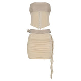 Fongt Leather Suit PU Leather Splicing Waist Tsets Hollow Folding Net Lace-Uped Ass Skirt
