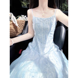 Fongt Vacation Light Blue Mesh Sling Dress Women's New Gentle Wind White Beach Floral Dress