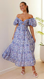 Fongt Spring Summer New Temperament Printing Bubble Sleeve High-End Dress Women