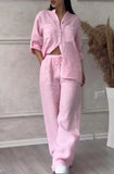 Fongt New Women's Solid Color Single-Button Long-Sleeved Shirt Two Sets Of Wide Leg Trousers With