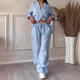 Fongt New Women's Solid Color Single-Button Long-Sleeved Shirt Two Sets Of Wide Leg Trousers With