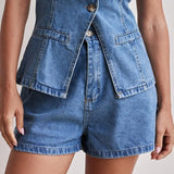 Fongt 2025 New Fashion Sleeveless High Waist High Waisted Loose Nipple Shorts Set